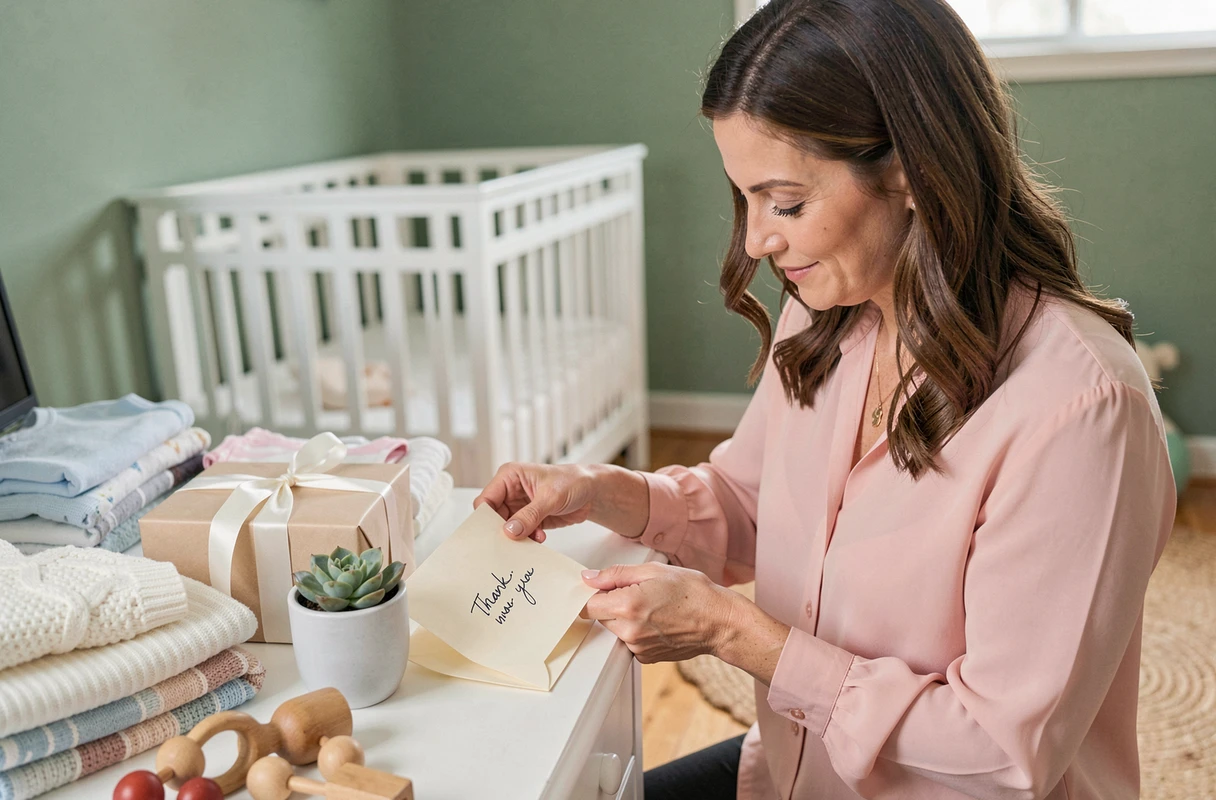Maman dans une chambre de bébé glissant un mot de remerciement dans une enveloppe entourée de cadeaux de naissance