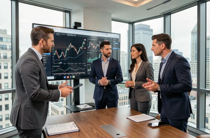 Équipe de professionnels discutant des tendances économiques et stratégies business autour d'un écran interactif