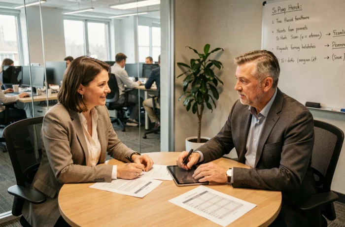 Deux professionnels des ressources humaines discutant des primes de technicité et des salaires prévus par la convention collective Fehap lors d'une réunion