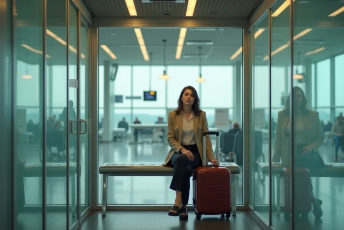 Femme d'affaires dans la salle fumeur côté piste de l'aéroport de Nantes, espace vitré avec signalétique de départ visible