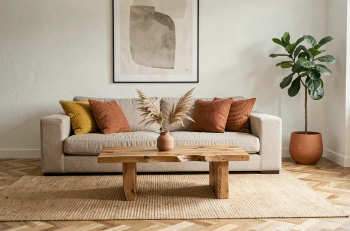 Salon scandinave moderne avec canapé en lin beige, coussins terracotta et table basse en chêne brut pour une déco tendance