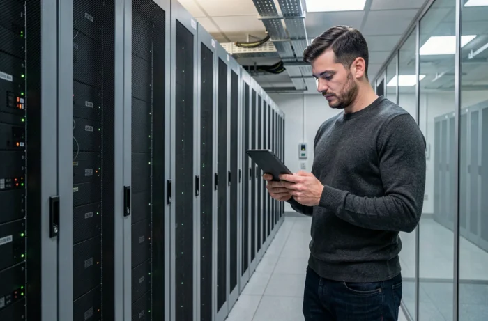 Professionnel informatique vérifiant la sécurité des données dématérialisées dans une salle de serveurs moderne
