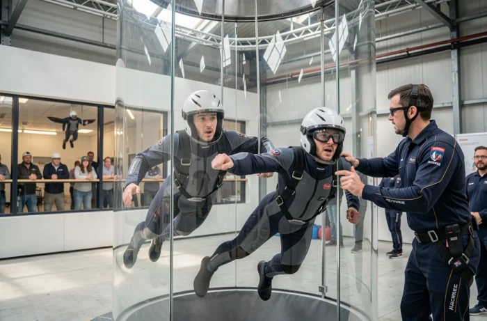 Participants en combinaison de vol dans un simulateur de chute libre indoor en banlieue parisienne
