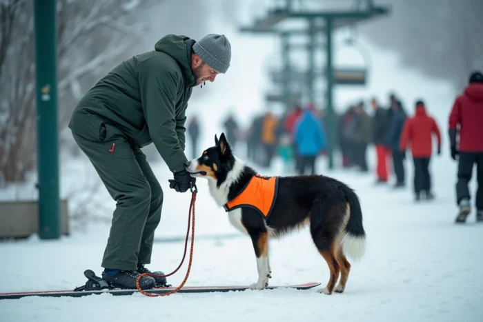 Skieur préparant son border collie en gilet de sécurité avant de monter dans un télésiège en station de ski