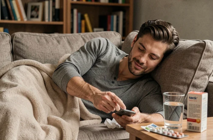 Homme malade allongé sur un canapé envoyant un SMS court à son supérieur pour signaler son absence