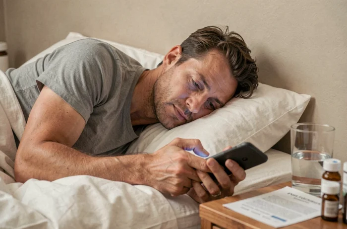 Homme fatigué allongé dans son lit envoyant un SMS de prolongation d'arrêt maladie avec une ordonnance visible sur la table de nuit