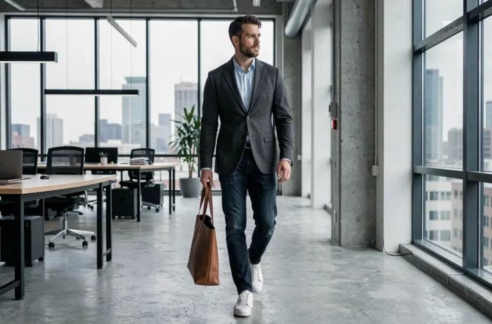 Homme moderne en sneakers blanches éco-responsables de marque française dans un espace de travail contemporain