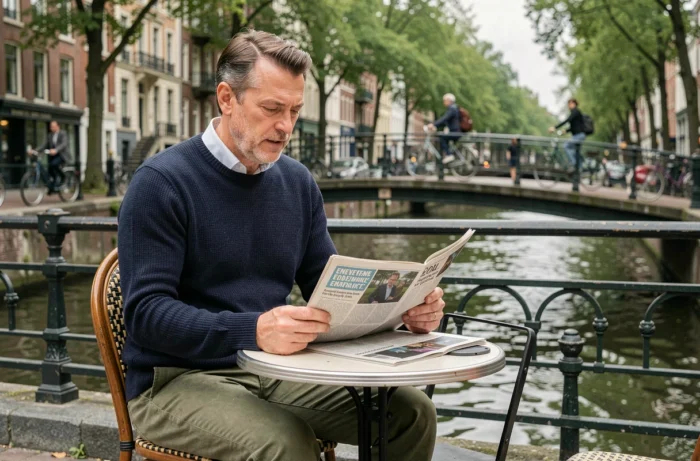 Homme lisant un journal en terrasse de café au bord du Canal Saint-Martin à Paris