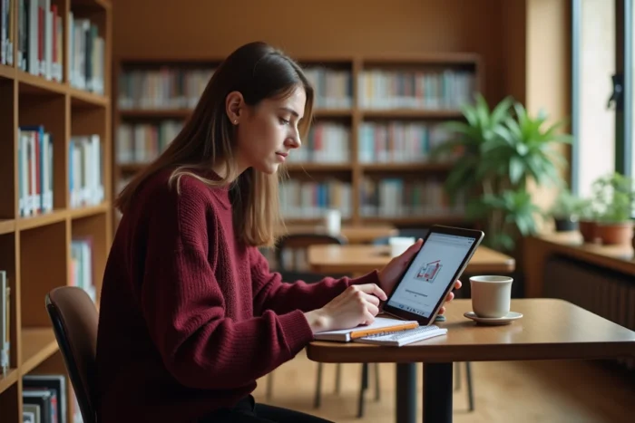 Jeune professeure stagiaire accédant au webmail académique de Lyon depuis une tablette en bibliothèque scolaire