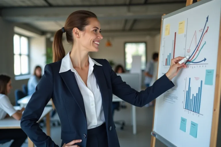 Femme d'affaires présentant une stratégie marketing sur un tableau blanc dans un bureau moderne