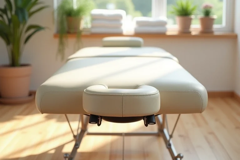 Table de massage professionnelle en similicuir crème dans un studio de bien-être avec parquet en chêne et plantes vertes