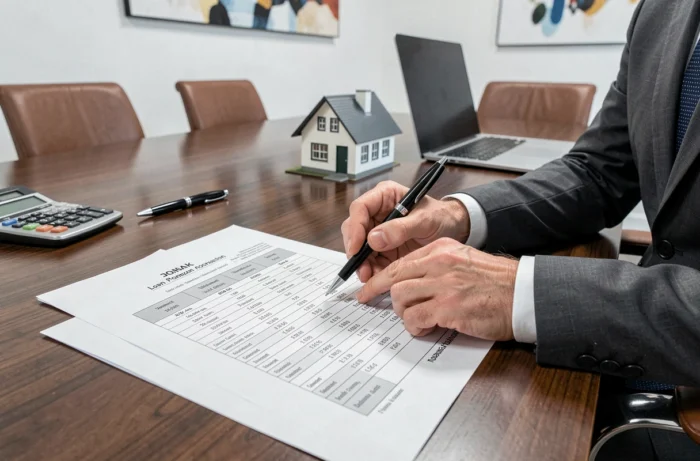 Un tableau d'amortissement de prêt immobilier posé sur une table de réunion avec une calculatrice et une maquette de maison, illustrant les enjeux du remboursement anticipé