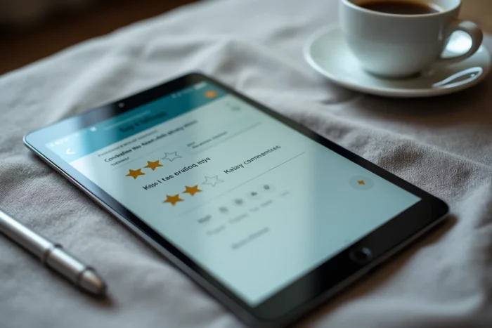 Vue aérienne d'une tablette affichant une interface d'avis en ligne avec système d'étoiles et commentaires