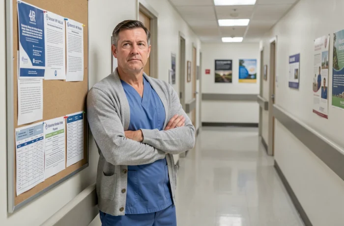 Technicien hospitalier en couloir d'établissement médico-social devant un tableau d'affichage des grilles salariales de la convention Fehap