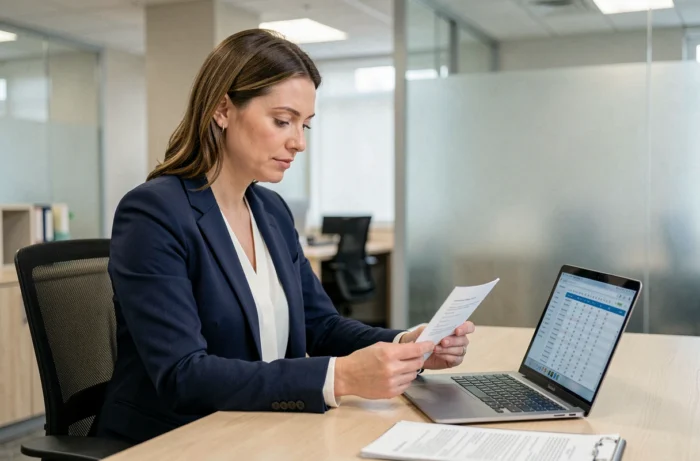 Professionnelle du secteur médico-social consultant des documents de salaire et une convention collective Fehap dans un bureau administratif moderne