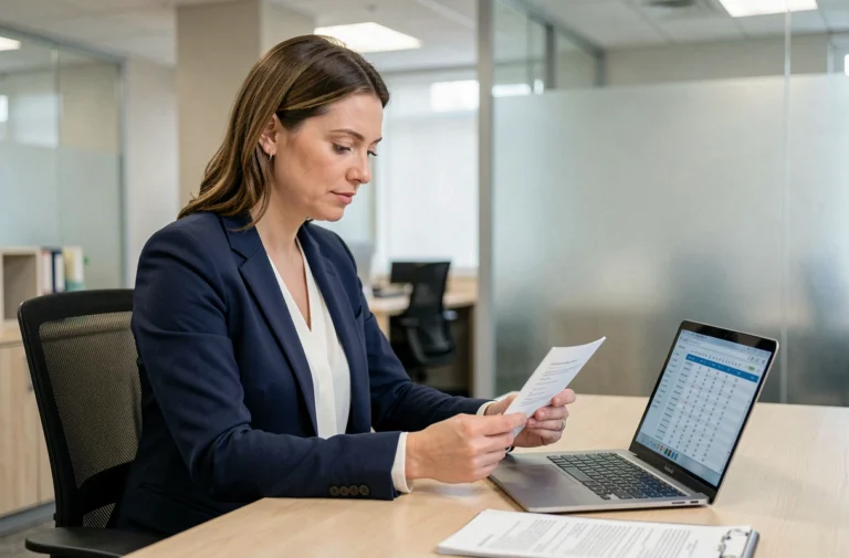 Professionnelle du secteur médico-social consultant des documents de salaire et une convention collective Fehap dans un bureau administratif moderne