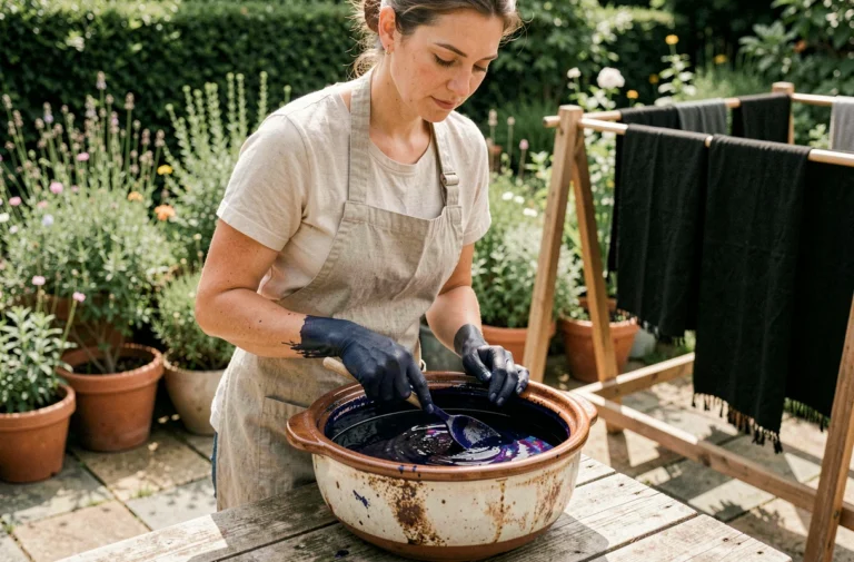 Femme teignant du tissu en noir avec une teinture végétale à l'indigo dans un jardin écologique