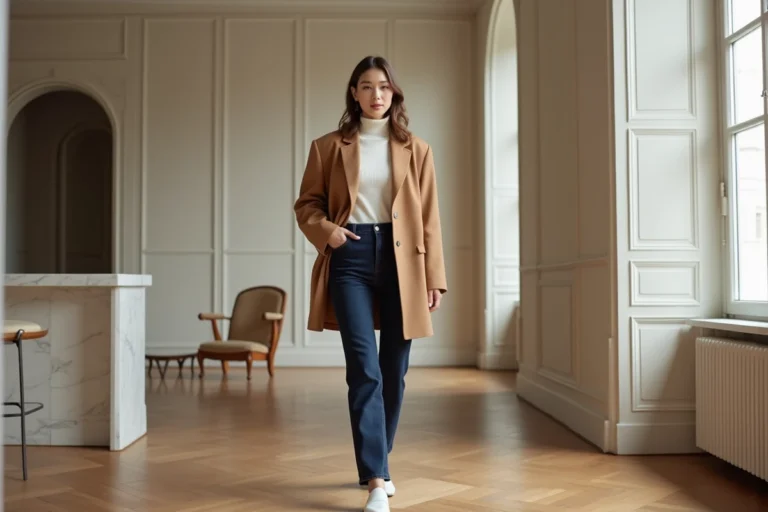 Femme élégante en blazer camel oversize et jean indigo dans un appartement parisien minimaliste, tendances mode 2024