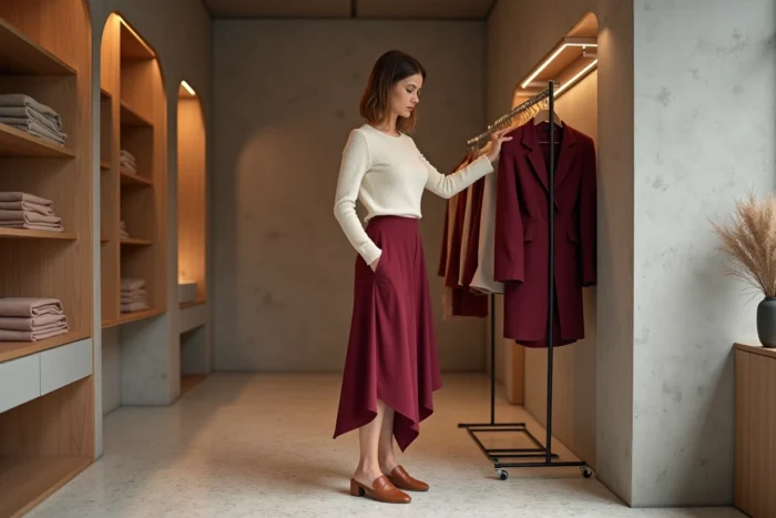 Femme en jupe midi bordeaux et pull ivoire explorant un concept store tendance avec décor béton et bois, mode 2024