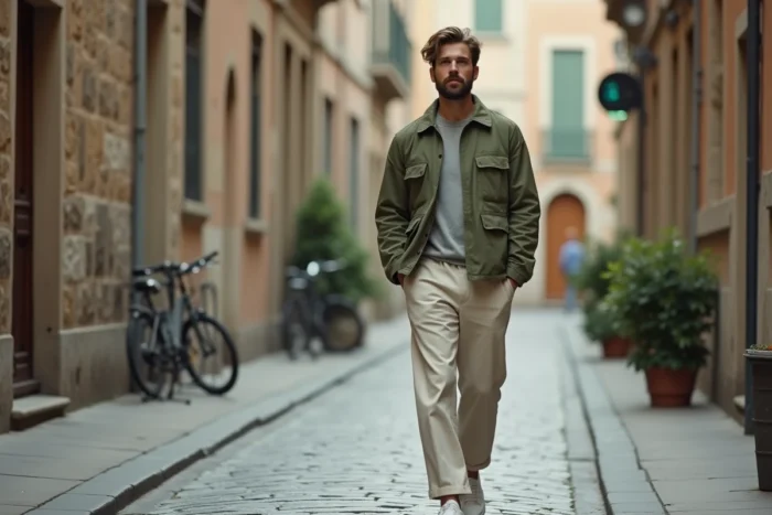 Homme en veste utilitaire vert sauge et pantalon large ecru marchant dans une rue pavée européenne, style moderne tendances 2024