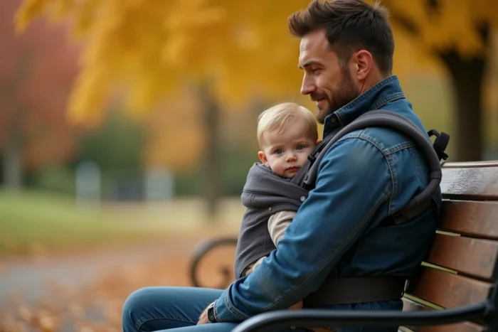 Père assis sur un banc avec son enfant en porte-bébé ressentant une tension musculaire au niveau du thorax