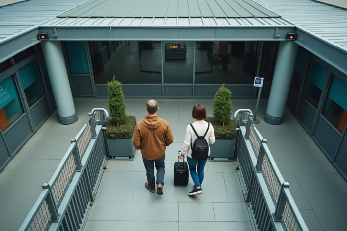 Terrasse fumeurs en extérieur d'un aéroport régional français après les contrôles de sécurité, voyageurs avec bagages dans la zone désignée