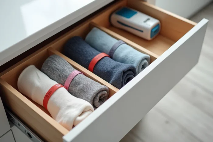 Tiroir de chaussettes organisé avec des étiquettes colorées pour distinguer facilement les chaussettes gauche et droite