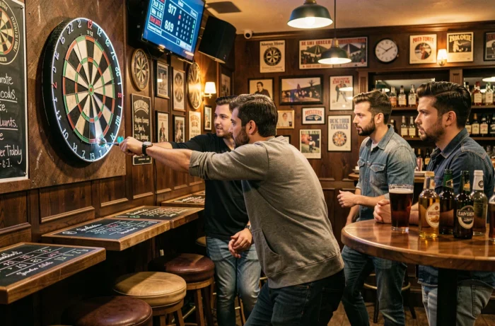 Hommes participant à un tournoi de fléchettes dans un bar à fléchettes dédié à Paris