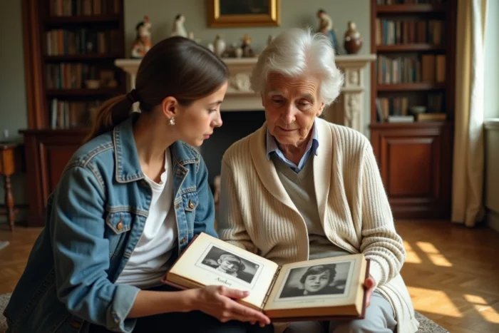Grand-mère et adolescente consultant un album de famille avec le prénom Ambre écrit à la main, symbolisant la transmission et l'héritage du prénom en France