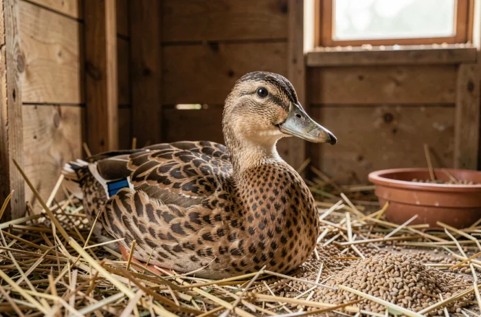 Vieille cane domestique au repos dans un poulailler rustique, illustrant le vieillissement et la longévité d'un canard domestique en fin de vie