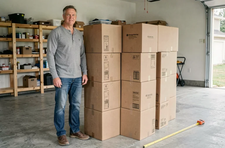 Homme debout à côté d'une pile de cartons représentant visuellement 3 mètres cubes dans un garage domestique