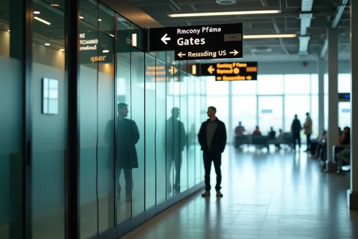 Vue grand angle de la zone fumeur vitrée dans un terminal d'aéroport avec signalétique directionnelle visible