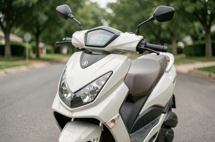 Yamaha Xmax 125 garé en bord de route avec tableau de bord numérique affichant la vitesse, vue trois-quarts avant