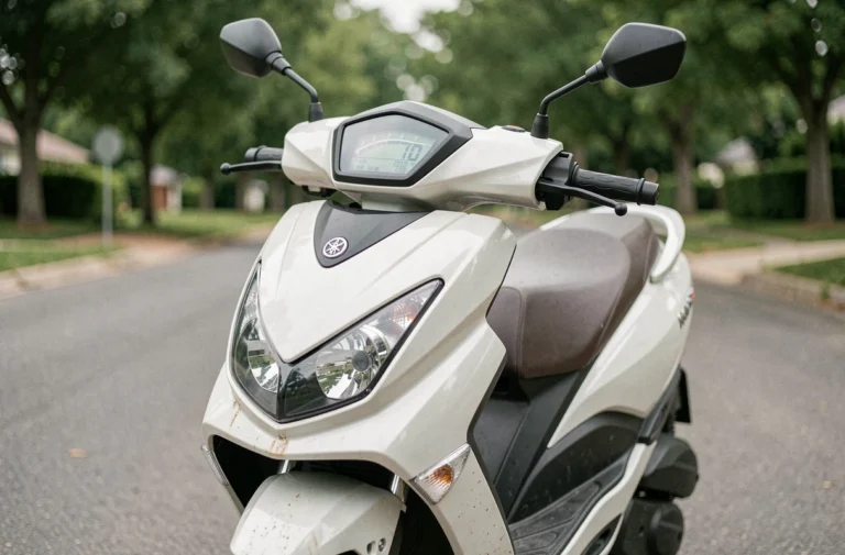 Yamaha Xmax 125 garé en bord de route avec tableau de bord numérique affichant la vitesse, vue trois-quarts avant