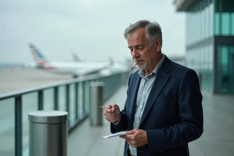 Voyageur adulte dans la zone fumeur extérieure d'un aéroport moderne avec cendriers et parois en verre